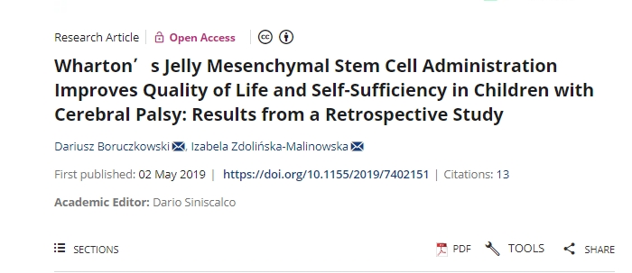 沃頓果凍間充質(zhì)干細(xì)胞治療可改善腦癱兒童的生活質(zhì)量和自給自足能力：一項(xiàng)回顧性