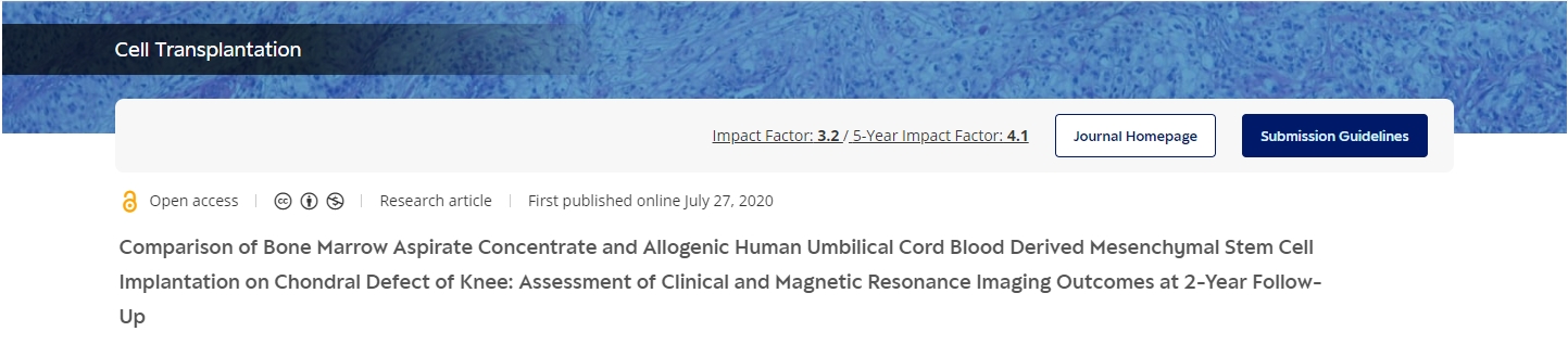 骨髓抽吸濃縮物和同種異體人臍帶血間充質(zhì)干細(xì)胞移植治療膝關(guān)節(jié)軟骨缺損的比較：2年隨訪臨床和磁共振成像結(jié)果評(píng)估
