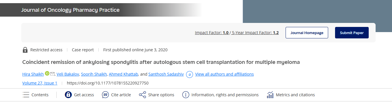 自體干細胞移植治療多發(fā)性骨髓瘤后強直性脊柱炎同時緩解