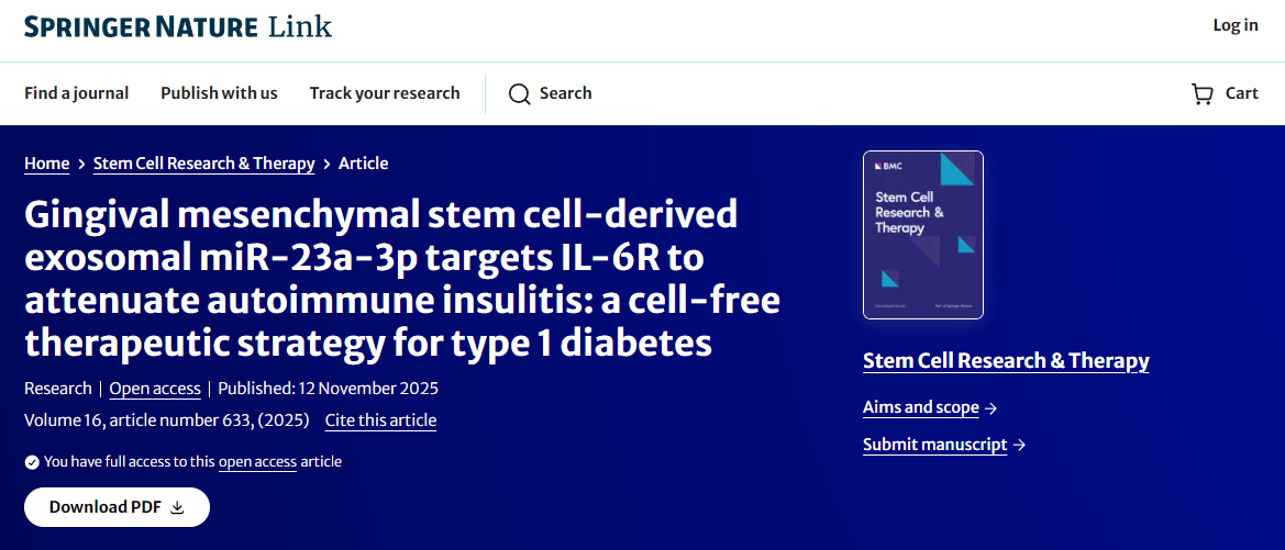 牙齦間充質(zhì)干細(xì)胞來源的外泌體miR-23a-3p靶向IL-6R以減輕自身免疫性胰島炎：一種治療1型糖尿病的無細(xì)胞療法