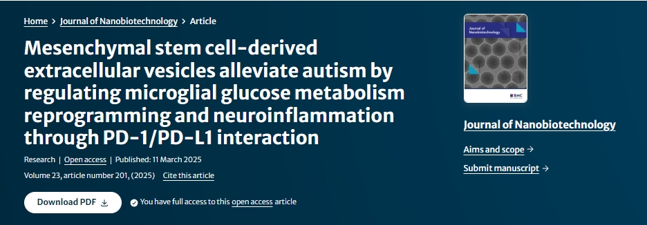 間充質(zhì)干細(xì)胞衍生的細(xì)胞外囊泡通過 PD-1/PD-L1 相互作用調(diào)節(jié)小膠質(zhì)細(xì)胞葡萄糖代謝重編程和神經(jīng)炎癥，從而緩解自閉癥