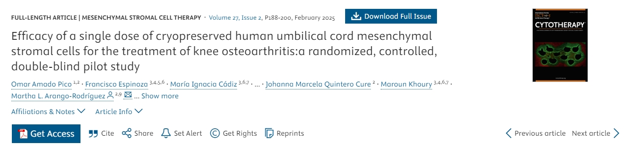 單劑量冷凍保存人臍帶間充質(zhì)基質(zhì)細(xì)胞治療膝骨關(guān)節(jié)炎的療效：一項(xiàng)隨機(jī)、對照、雙盲先導(dǎo)研究