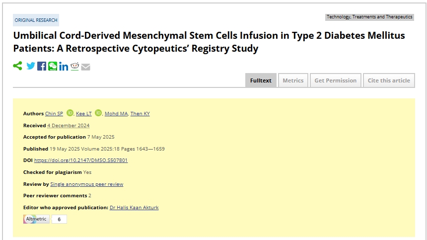 301名2型糖尿病患者干細(xì)胞治療新數(shù)據(jù)：顯著改善代謝、肝腎及炎癥