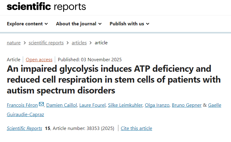 自閉癥譜系障礙患者的干細(xì)胞中，糖酵解受損會導(dǎo)致ATP缺乏和細(xì)胞呼吸作用降低