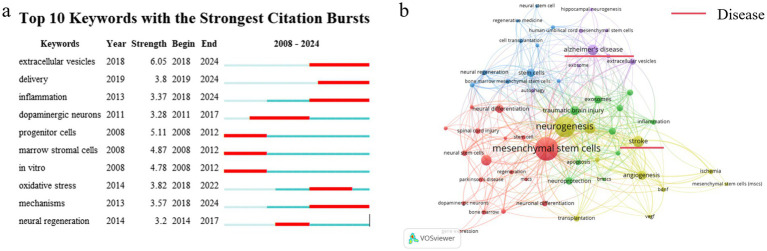 圖3：分析關(guān)鍵詞。（a）引用爆發(fā)力最強(qiáng)的前10個(gè)關(guān)鍵詞。（b）?2008年至2024年關(guān)鍵詞共現(xiàn)圖。