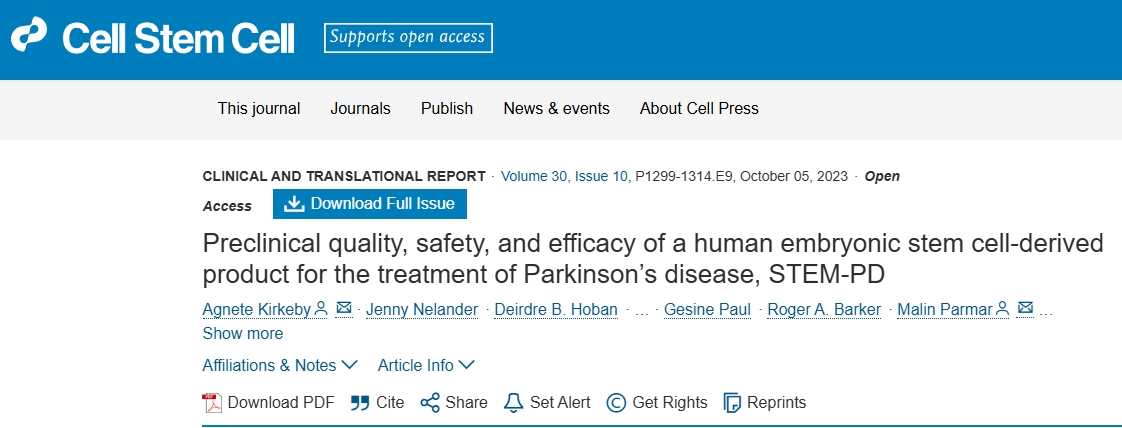 用于治療帕金森病的人類胚胎干細(xì)胞衍生產(chǎn)品STEM-PD的臨床前質(zhì)量、安全性和有效性