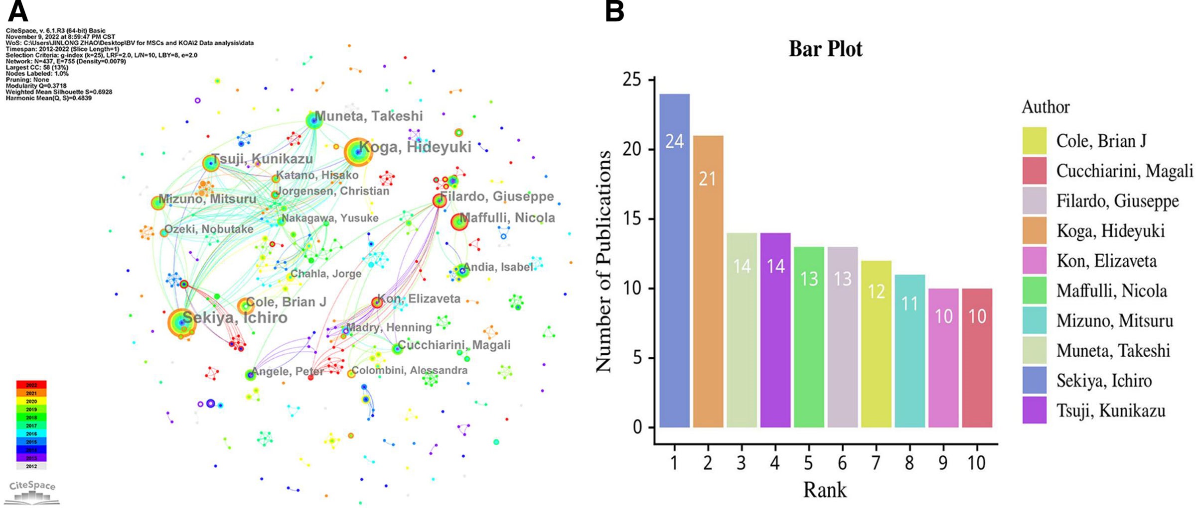 圖3：(A) 參與MSCs和KOA研究的作者網(wǎng)絡(luò)可視化。(B) 前10位高產(chǎn)作者。