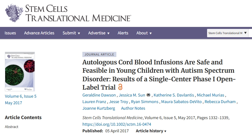 自體臍帶血輸注對(duì)于患有自閉癥譜系障礙的幼兒來(lái)說(shuō)是安全可行的：一項(xiàng)單中心 I 期開放標(biāo)簽試驗(yàn)的結(jié)果