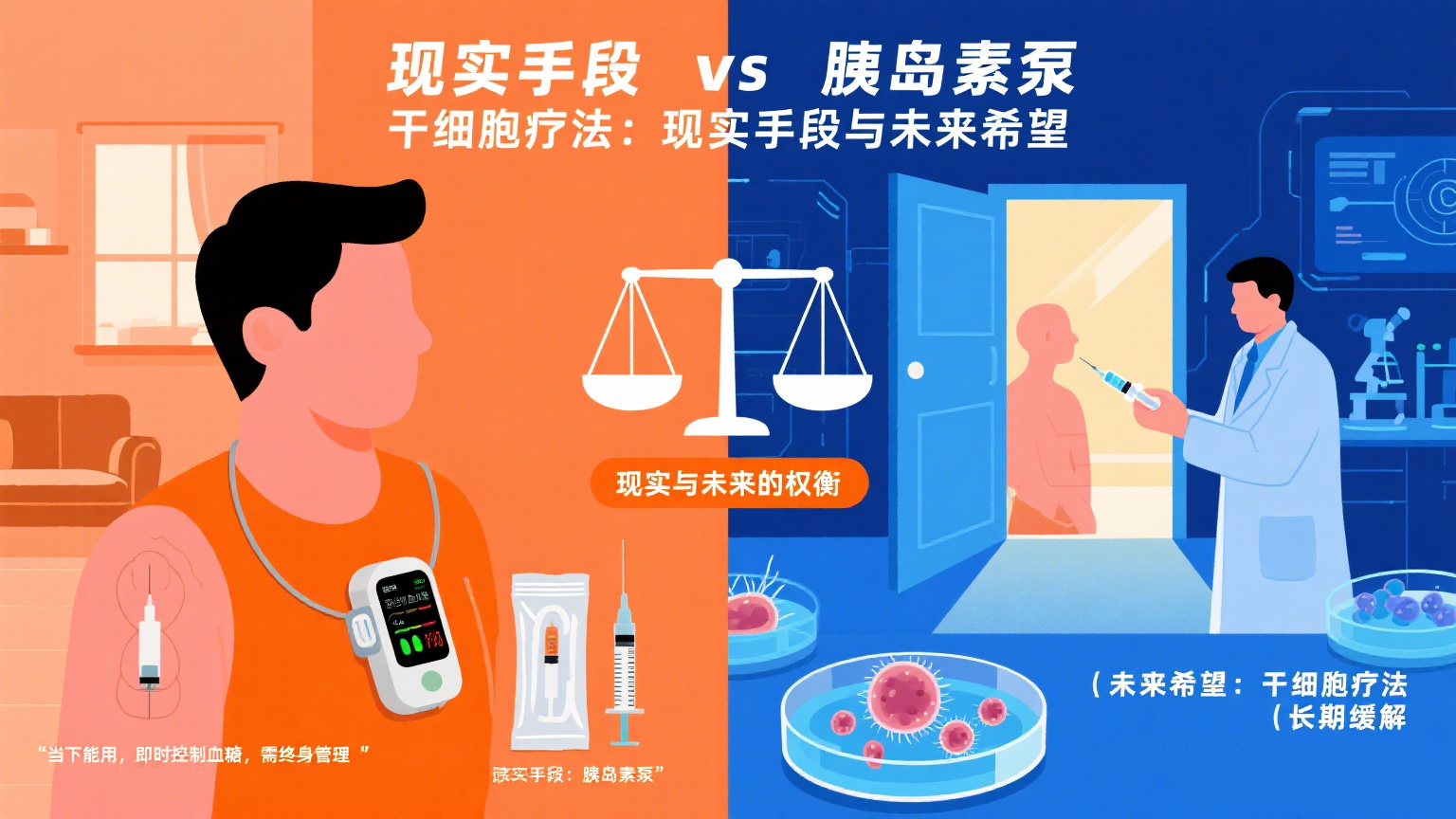 胰島素泵代表的是“當下能用的現實手段”，而干細胞療法則寄托著“未來可能實現的希望”