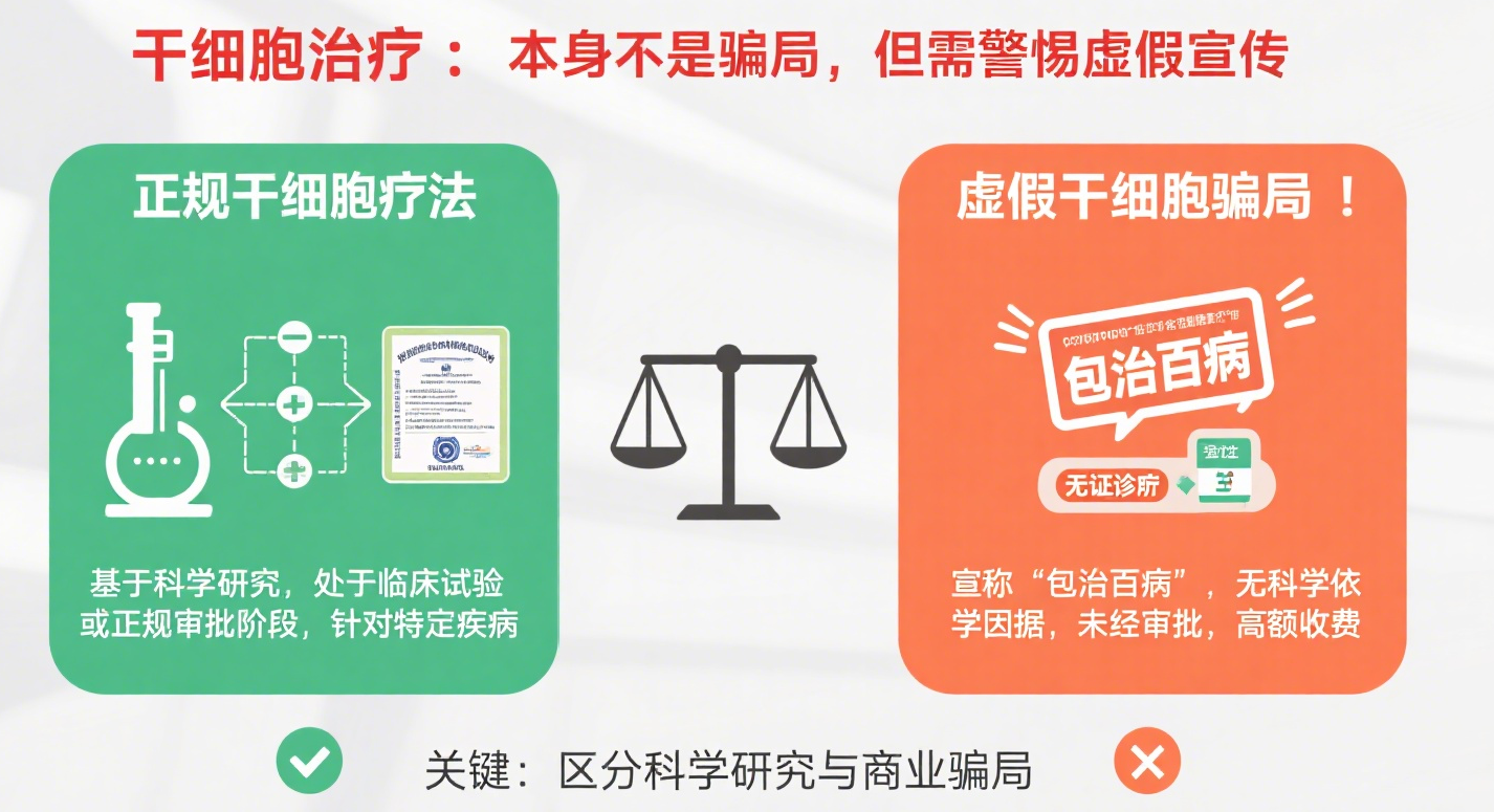 干細胞療法本身不是騙局，但市面上很多打著干細胞旗號的治療可能是騙局。