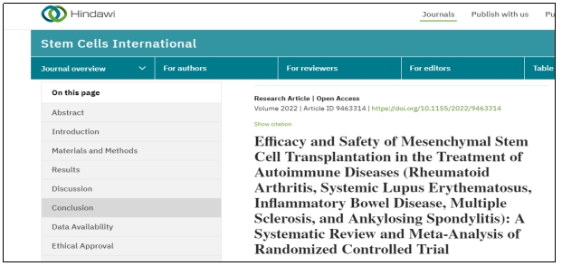 間充質(zhì)干細(xì)胞移植治療自身免疫性疾病（類風(fēng)濕關(guān)節(jié)炎、系統(tǒng)性紅斑狼瘡、炎癥性腸病、多發(fā)性硬化癥和強(qiáng)直性脊柱炎）的療效和安全性：隨機(jī)對(duì)照試驗(yàn)的系統(tǒng)綜述和薈萃分析