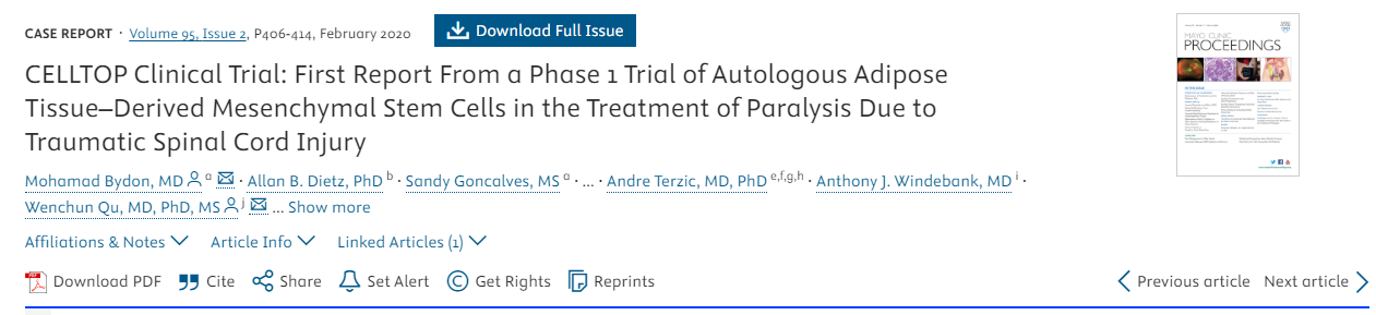 CELLTOP臨床試驗：自體脂肪組織來源的間充質(zhì)干細胞治療創(chuàng)傷性脊髓損傷所致癱瘓的1期臨床試驗首份報告