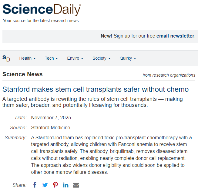 斯坦福大學(xué)使干細(xì)胞移植無需化療更加安全
