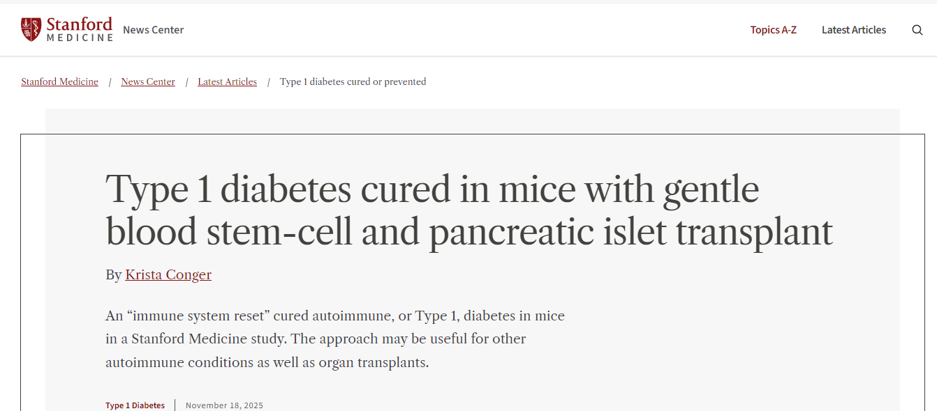 通過溫和的血液干細胞和胰島移植，小鼠的1型糖尿病得以治愈。