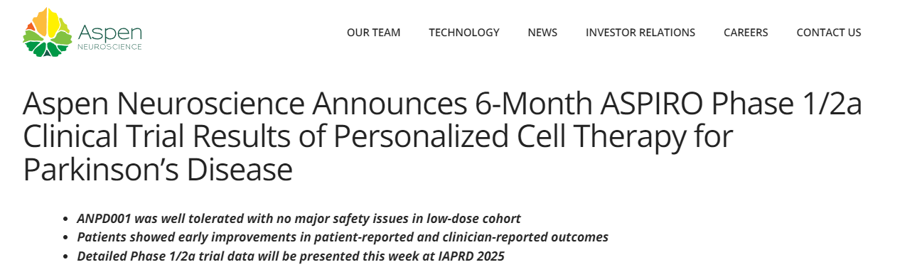 Aspen Neuroscience公布了針對帕金森病個(gè)性化細(xì)胞療法的ASPIRO 1/2a期臨床試驗(yàn)6個(gè)月結(jié)果