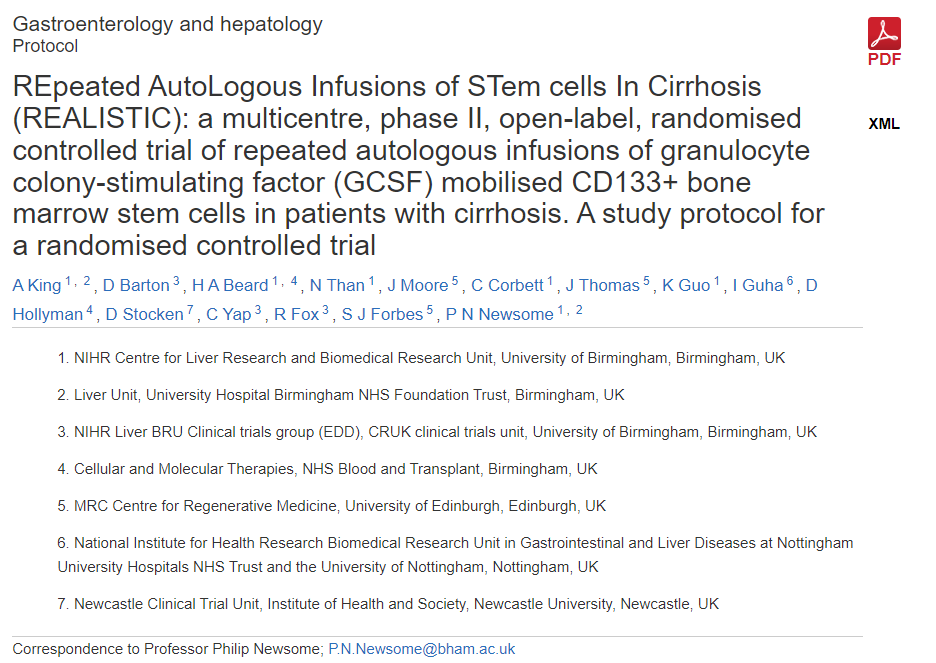 REALISTIC（重復(fù)自體干細(xì)胞輸注治療肝硬化）：一項(xiàng)多中心、II期、開放標(biāo)簽、隨機(jī)對(duì)照試驗(yàn)