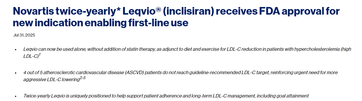 諾華公司每半年*推出的 Leqvio?（inclisiran）獲得 FDA 批準(zhǔn)，用于新的適應(yīng)癥，使其成為一線治療藥物。