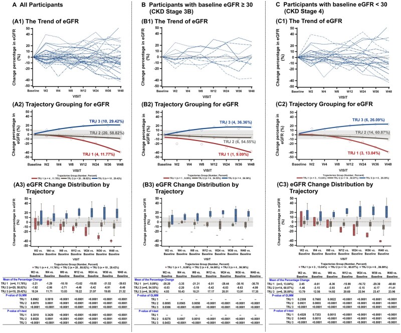 圖1：所有參與者以及基線eGFR≥30和<30的參與者的eGFR變化百分比。圖A顯示所有參與者的數(shù)據(jù)，圖B顯示基線eGFR≥30的參與者的數(shù)據(jù)，圖C顯示基線eGFR<30的參與者的數(shù)據(jù)