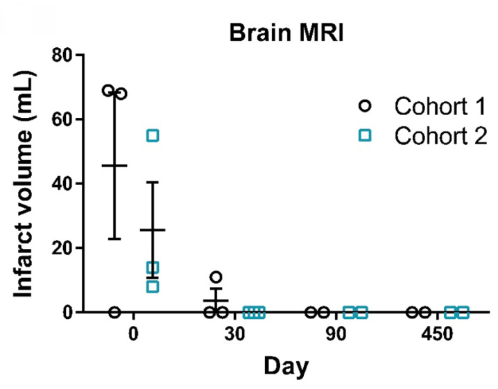 圖3：腦部MRI梗死體積測量。代表性MRI圖像顯示了患者從篩查到第450天的腦梗死體積。圖中顯示了患者在篩查（第0天）、治療后（第30天和第90天）以及隨訪（第450天）時的梗死體積。