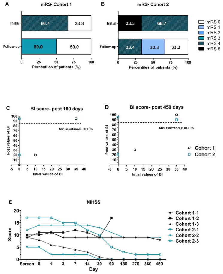 圖2：采用改良Rankin量表（mRS）、美國國立衛(wèi)生研究院卒中量表（NIHSS）和Barthel指數(shù)（BI）進行臨床功能評估。?(A, B) 隊列1和隊列2在基線和隨訪結(jié)束時的mRS評分分布。(C, D) 所有患者在初始篩選時的BI評分值與治療后180天和450天的BI評分值進行比較。(E) 所有患者在整個試驗期間的NIHSS評估。