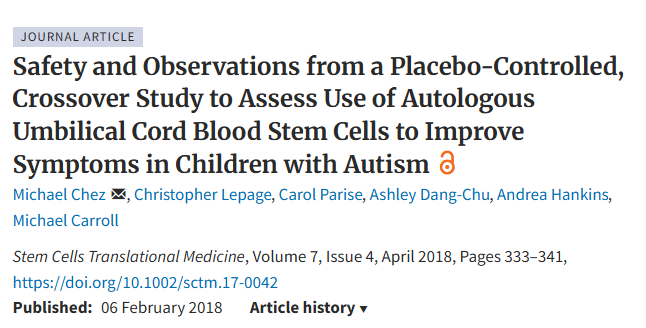 一項(xiàng)安慰劑對照交叉研究的安全性和觀察結(jié)果，旨在評估自體臍帶血干細(xì)胞在改善自閉癥兒童癥狀方面的應(yīng)用